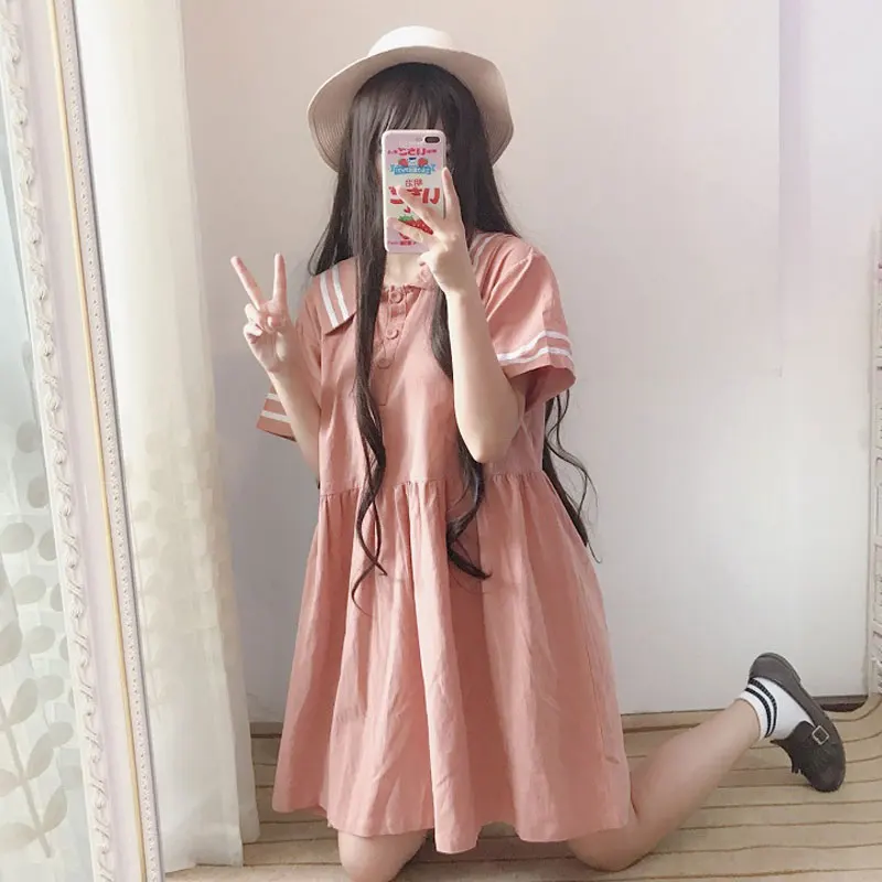 

Japanese Pink Sailor Color Kawaii Dress Women Spring Autumn Sweet Embroidery Patchwork Short Sleeve School Dress T365