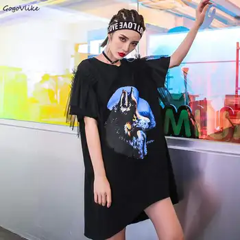 

Punk Top 2018 Black Summer Hip Hop Tops Mesh SLeeve Women T shirt WOLF Print shirts girl Oversize Tops Harajuku LT113S30