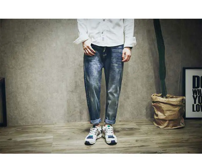Эластичная ткань джинсы для Для мужчин шаровары Повседневное джоггеры джинсовые штаны свободные хлопковые хип-хоп длинные брюки