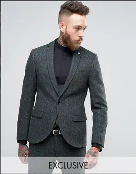 Skup Najnowsze Wzory Płaszcz Pant Szary Tweed Mężczyźni Garnitur Slim Fit Skinny 3 Sztuka Tuxedo Niestandardowe Delikatny Blazer Groom Garnitury Na Studniówkę Terno Masculino