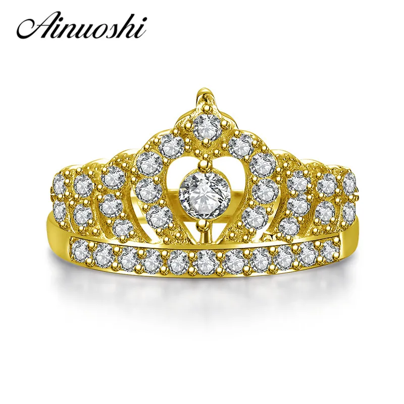 

AINUOSHI 10k Solid Yellow Gold Women Engagement Ring Simulated Diamond Bague Princess Crown Rings Brand Fine Jewelry Customized
