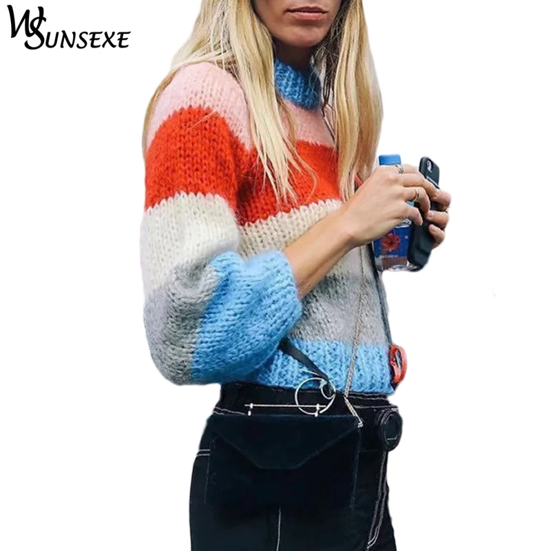 

Winter Knitted Sweater Women Lantern Sleeve Striped O Neck Loose Pullover Female 2018 New Fashion Tops Autumn Casual Jumper