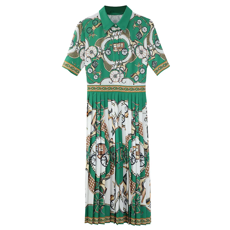 

PERHAPS U green print ruched dress turn dwon collar button short sleeve midi long dress elegant summer D1621