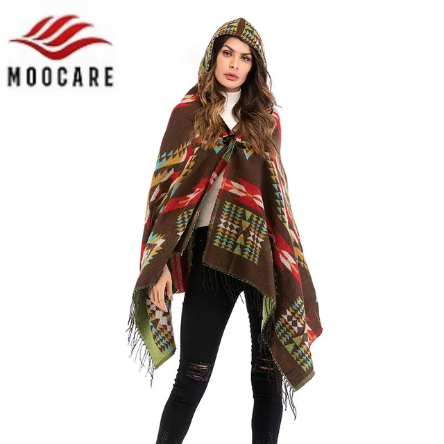 Disc Moocare Women Tassel Hooded Shawl Cloak Sleeveless Geometric Print Oversize Loose Casual Capes Ponchos