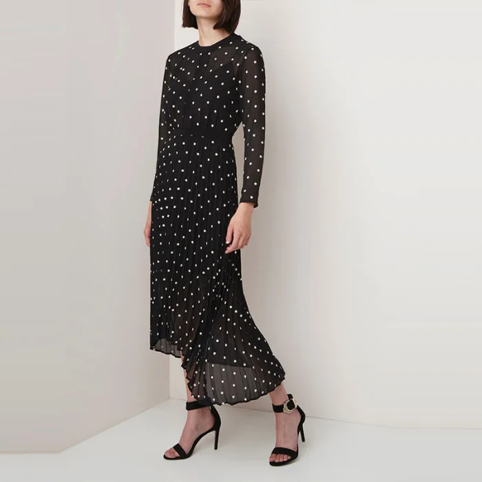 

Small Flower Embroidery Long Sleeve Asymmetric Midi Dress With Slip - 2019SSBlack Color Contrast Embroideried Flower Dress