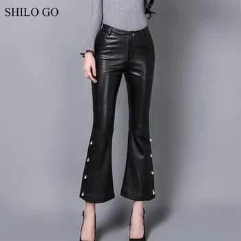 

SHILO GO Leather Pants Womens Spring Fashion sheepskin genuine leather Pants side beading high waist concise flare pants