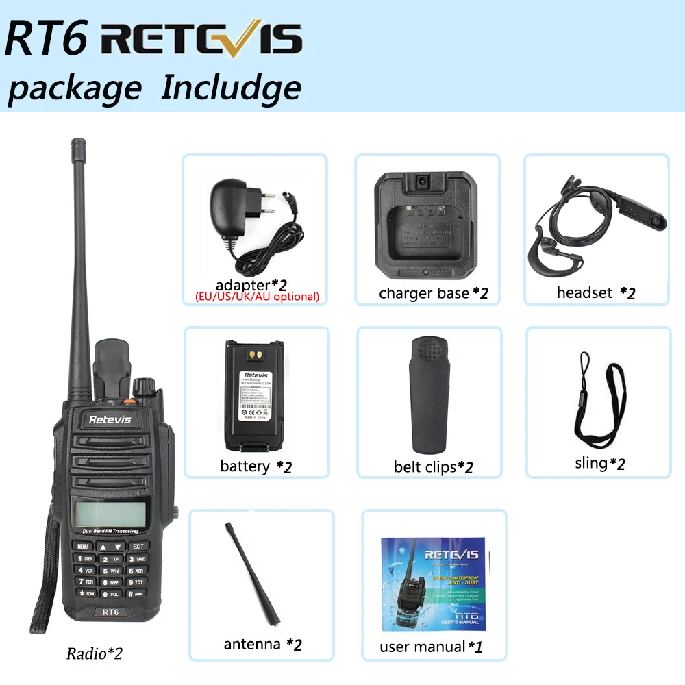 2 шт. RETEVIS IP67 влагонепроницаемые Walkie Talkie RT6 5 Вт 128CH VHF UHF fm радио VOX SOS сигнализация
