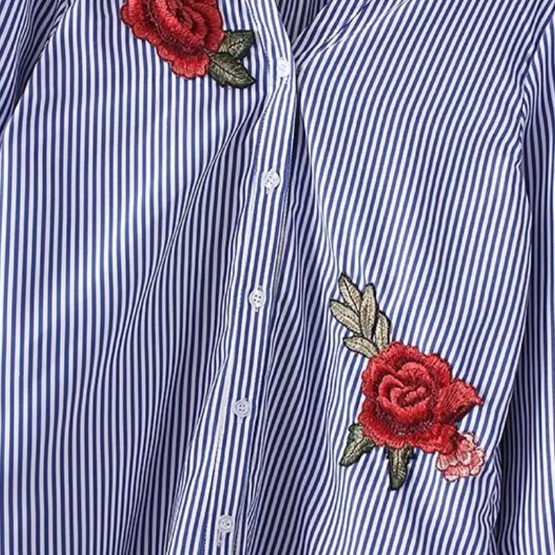 Женская блузка в полоску с цветочной вышивкой и длинным рукавом|blusas fashion|blouse