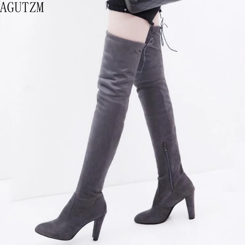 

AGUTZM 2018 Fashion Female Winter Thigh High Boots Faux Suede Leather High Heels Women Over The Knee Shoes Plus Size 34-43 V534