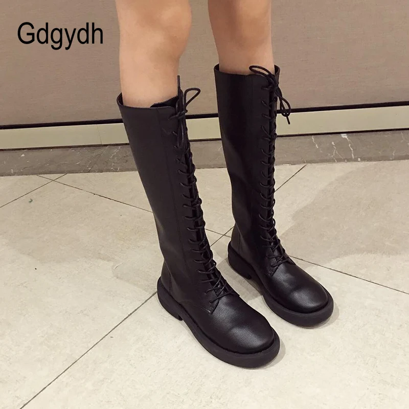 

Gdgydh Lace Up Knee High Boots Women Soft Leather Shoes Ladies Low Heels Cross-tied Riding Boots Woman Comfortable Back Zipper