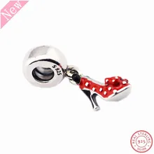 Туфли на высоком каблуке с изображением Минья, мыши, болтающиеся бусины, Красная эмаль, DIY Fit PANDORA Charms, серебро 925, для женщин, изготовление ювелирных изделий, FL688