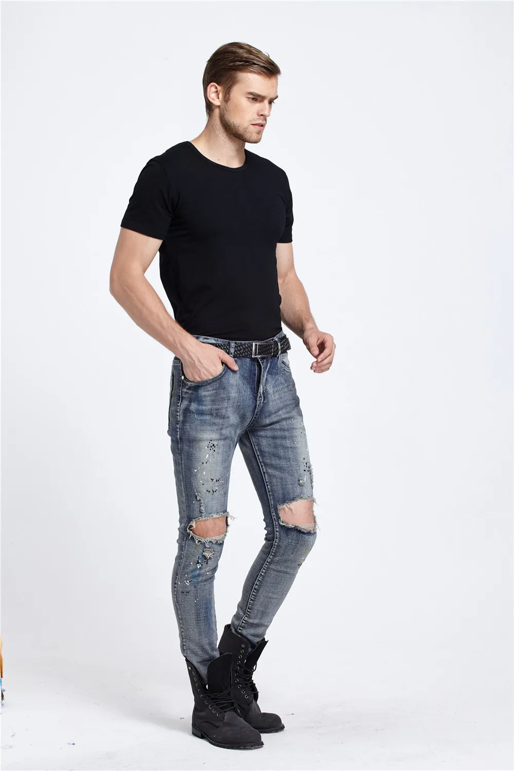 Мужская повседневная Уличная мода тренд складные ночные клубы эластичные рваные тонкие джинсы MP9
