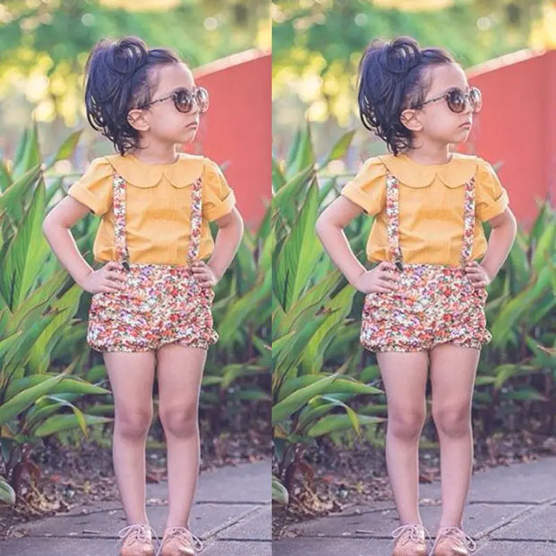 

2016 Baby Girls Kids 2pcs Bib Pants + T-shirt Tops Girl Clothing Toddler Kids Baby Girls Clothing Flower Strap Shorts Outfits