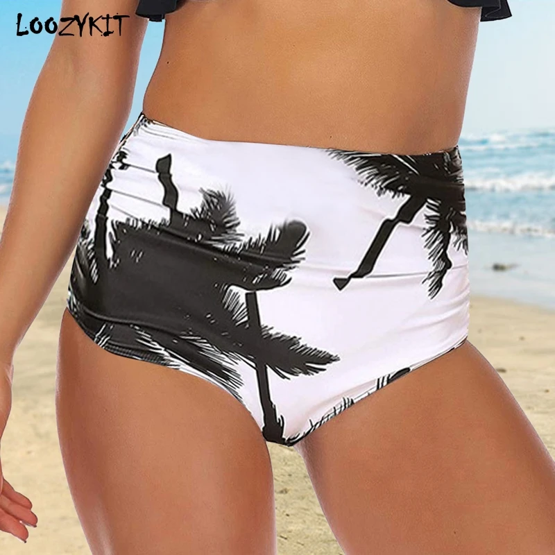

LOOZYKIT 2019 Summer Women Ruched High Waisted Bikini Bottom Plus Size Printing Bathing Suit Swim Shorts Female Casual Beachwear