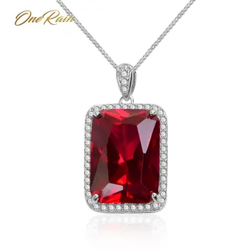

OneRain 100% 925 Sterling Silver Ruby Pink Sapphire Gemstone White Gold Geometric Pendant Necklace Wedding Jewelry Wholesale