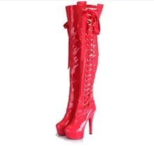 15cm side strap slim stretch sexy platform high-heeled patent leather boots big size 5-13 -red