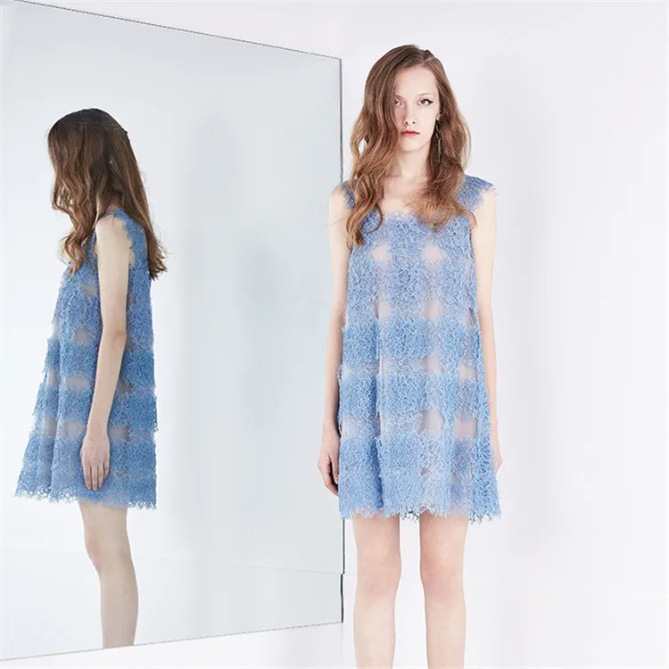 

New small sweet wind joker lace stitching perspective G0550 wide condole belt dress