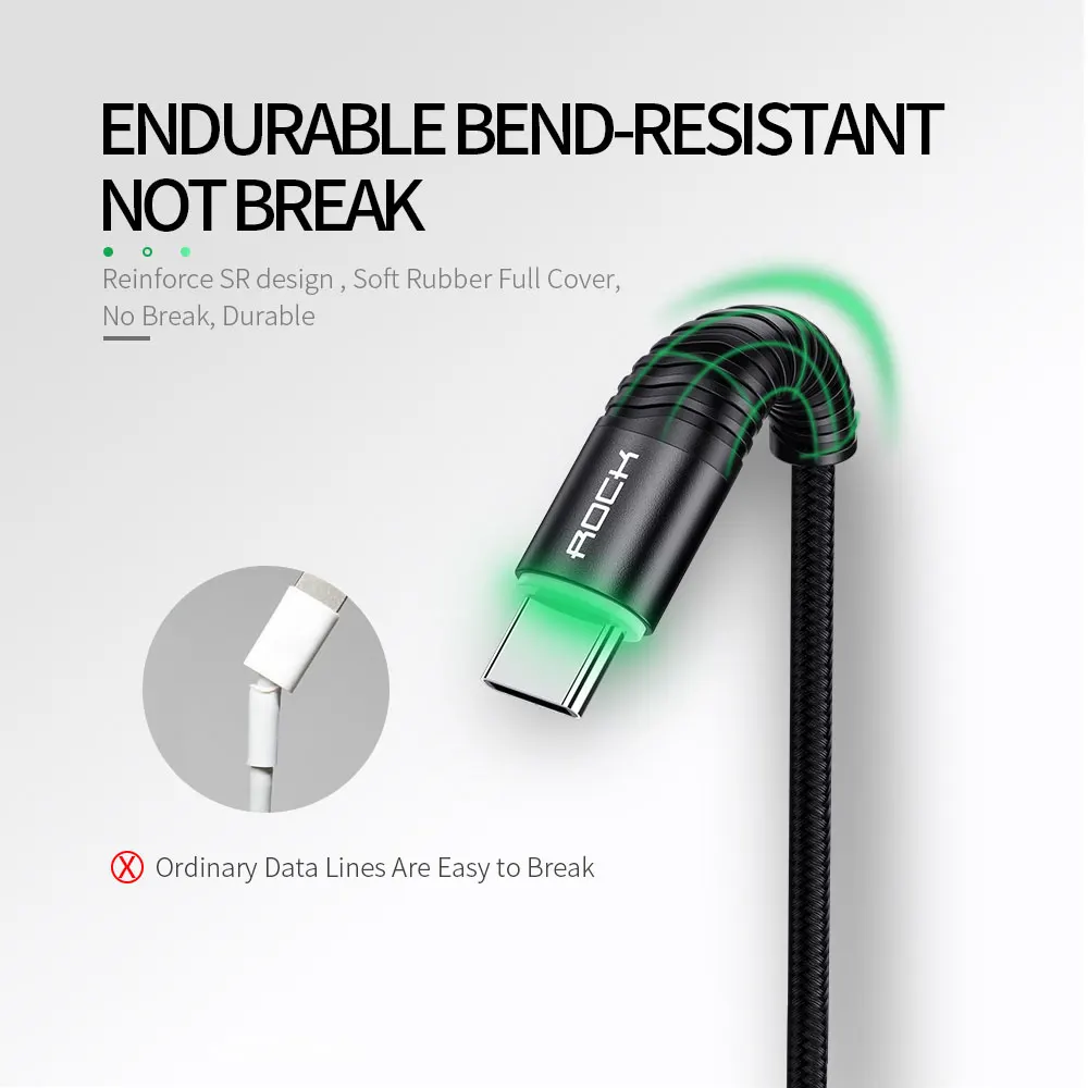 روك 3A LED USB نوع C كابل ل xiaomi سامسونج USB-C الهاتف المحمول سريع شحن نوع-C كابل ل oneplus غالاكسي S9 S8 ملاحظة 9 8