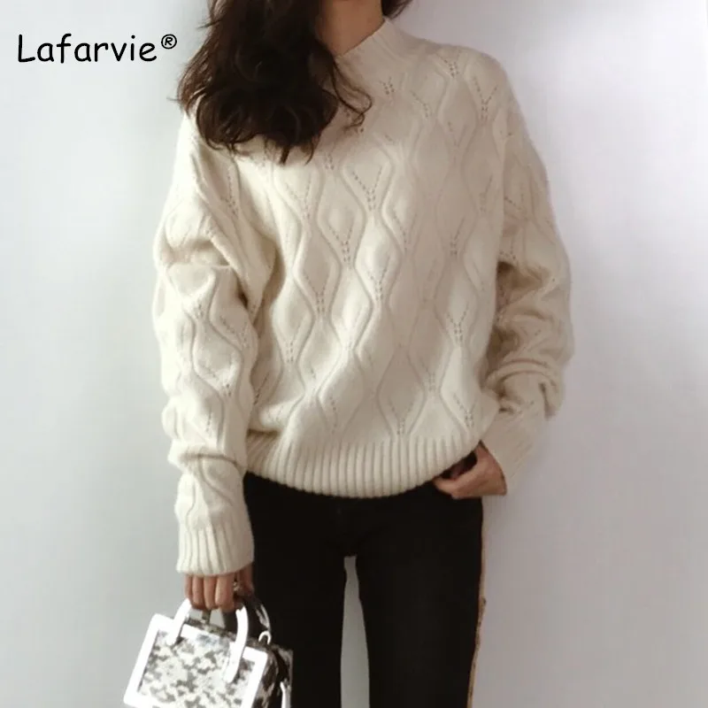 Lafarvie Cashmere Blended Knitted Sweater Women Autumn Winter Turtleneck Hollow Pullover Female Argyle Pattern Loose Sweater