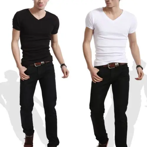 

2018 New Men's Plain Slim Fit Plain V-Neck Two Style Crew Neck T-Shirts Muscle Tee Short Sleeve Shirt