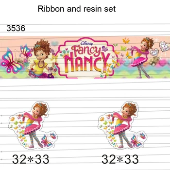 

Free shipping 7/8inch 50yard ribbon and 50pcs resin 1 set cartoon printed grosgrain ribbon and flatback resin RTS3536