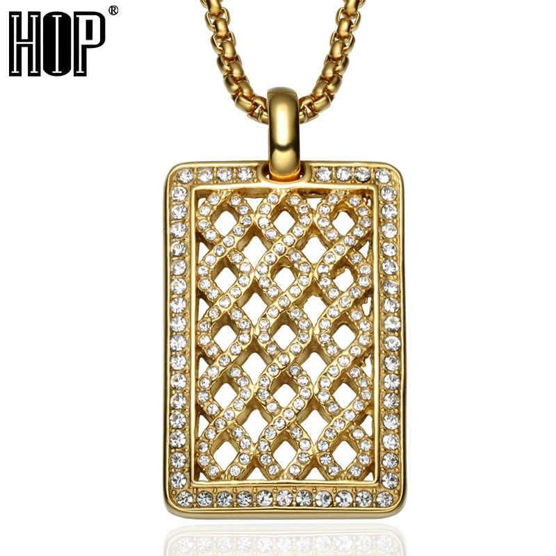 

HIP Hop Bling Iced Out Full Rhinestone Dog Tag Necklace Gold Color Stainless Steel Mesh Necklaces & Pendants for Men Jewelry
