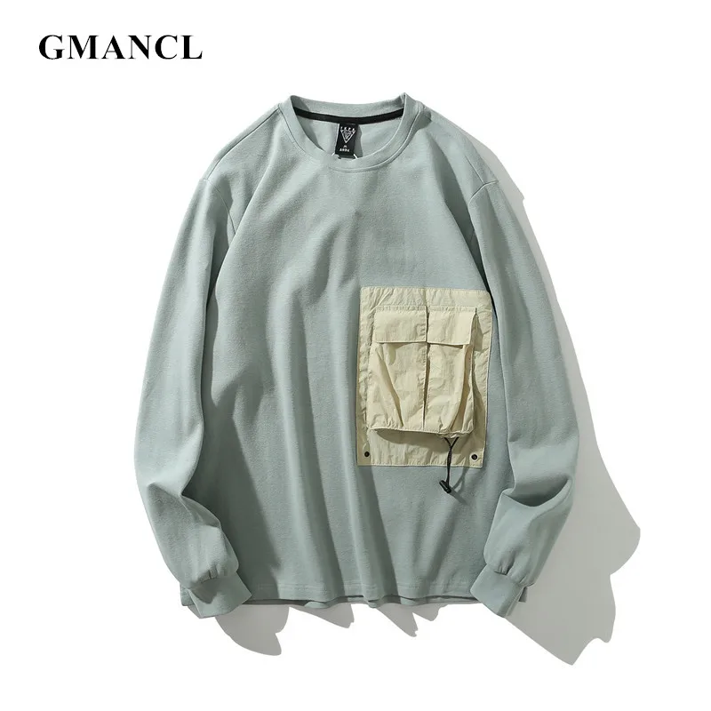 

Men Autumn Oversized Solid Front pocket Casual Sweatshirts Harajuku Hip Hop Streetwear O-Neck Cotton Loose Pullover Tops
