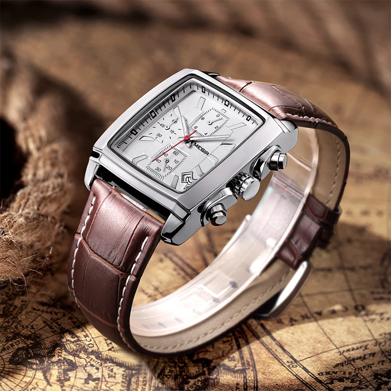 MEGIR Original Watch Men Top Brand Luxury Rectangle Quartz Military Watches Waterproof Luminous Lea