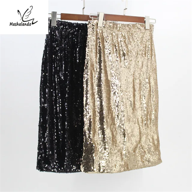 Stunning Elastic High Waist Gold Black Women Sequin Pencil Skirt Long Sexy Club Party Skirt