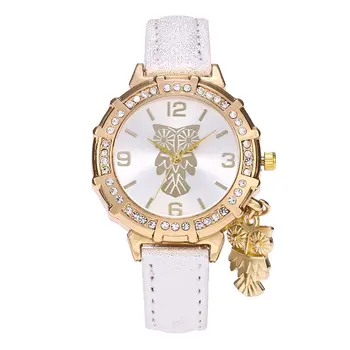

PU Leather Slim Band Women Wrist Watch Owl Pendant Elegant Design Female Round Dial Quartz Watches With Rhinestone Simple