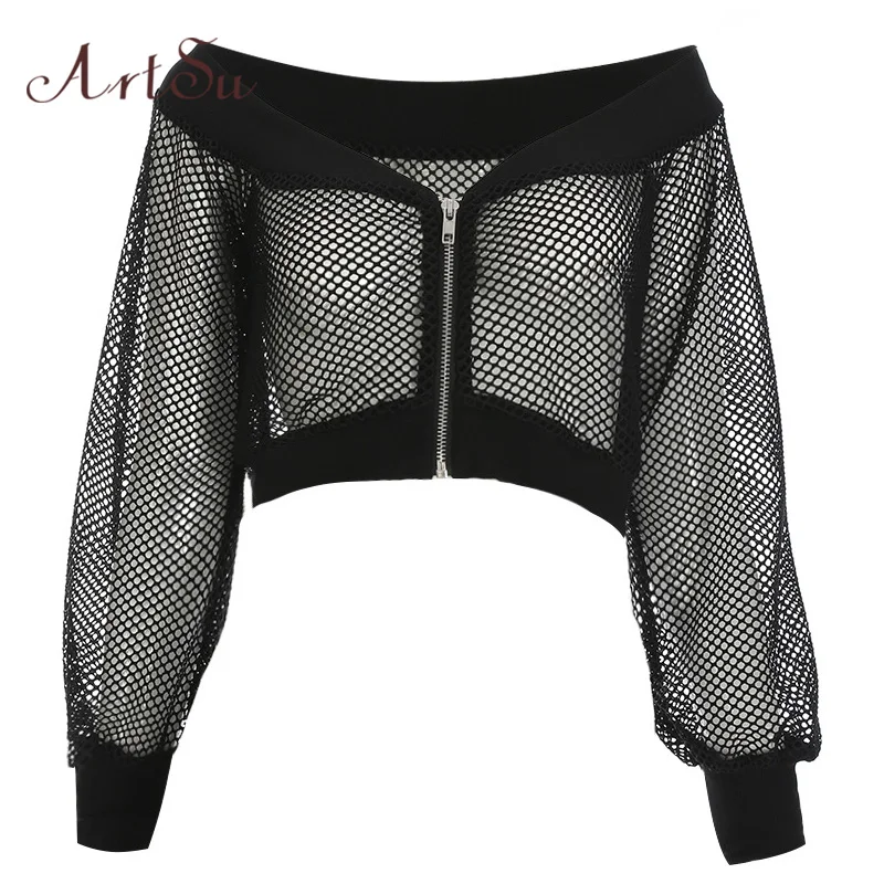 Online ArtSu verano 2019 negro malla superior manga larga sin hombro Sexy Club Wear corto camiseta Fitness Crop superior Streetwear ASTS20416
