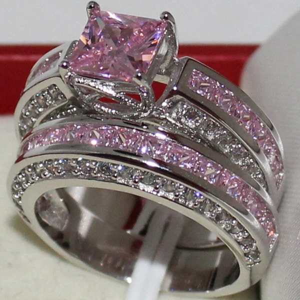 mmdgem eternity engagement ladys 925 sterling silver princess cut pink zircon stone cz prong set wedding 2 in 1 ring sets - Pink Wedding Ring Set mmdgem eternity engagement ladys 925 sterling silver princess cut pink zircon stone cz prong set wedding 2 in 1 ring sets - Pink Wedding Ring Set