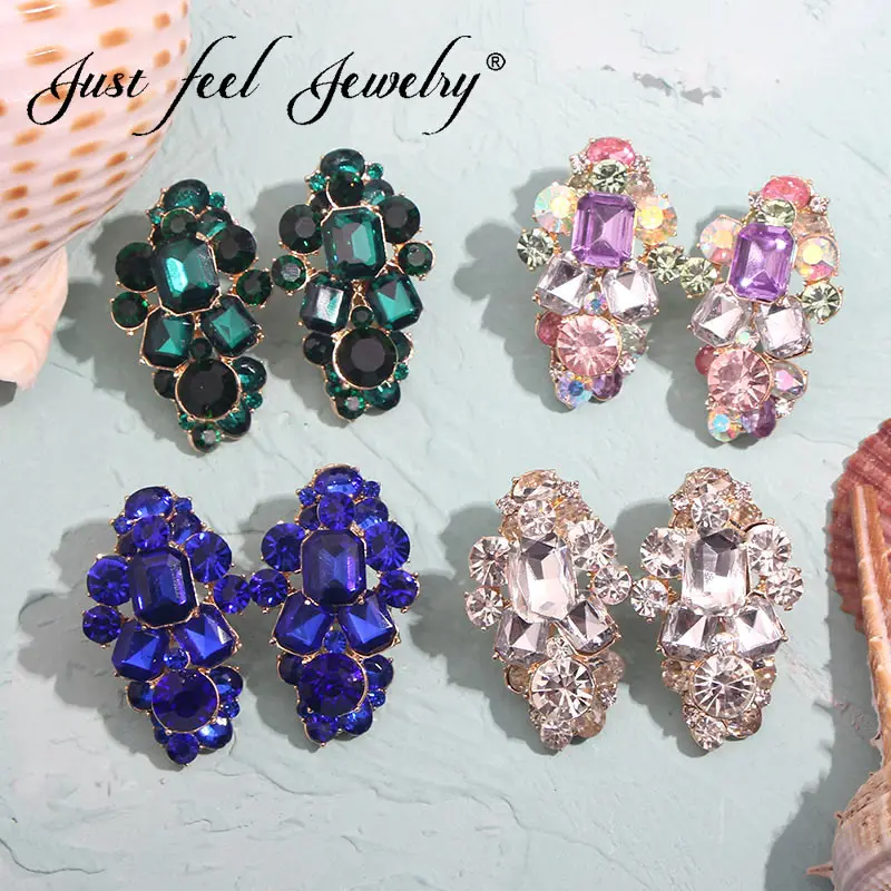 

JUST FEEL MultiColor Crystal Stud Earrings For Women Wedding Earrings Fashion Bohemian luxury Colorful Jewelry Ear Accessories