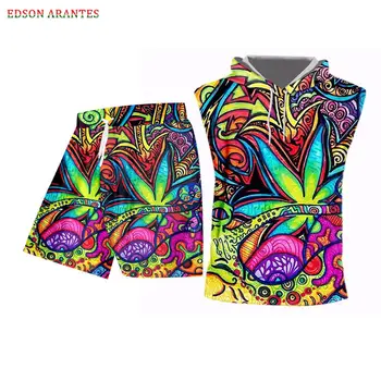 

Summer 3D Colorful art Leaves Print Sleeveless Hoodie Tank Tops+Shorts Sets Men Women Casual Shorts tshirt Sportset Custom S-6XL