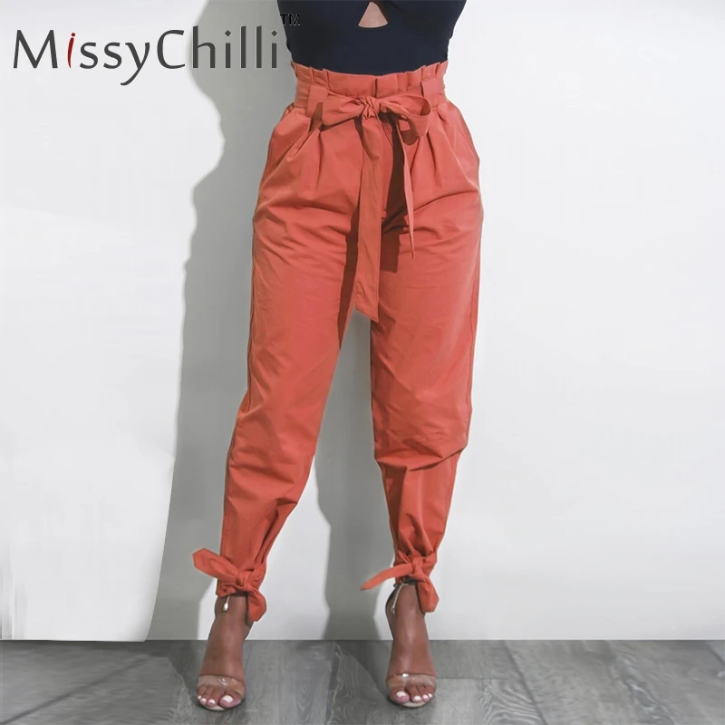

MissyChilli Ruffle high waist casual pants Women bow tie loose harem pants capri trousers Autumn cargo pants female bottom 2018