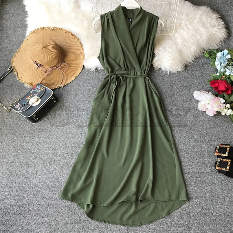 Image Slim Solid 2019 V Neck Summer Chiffon Midi Long Dress Party Women Beach Tank Sundress Basic Dresses Casual Tie Elegant CUERLY