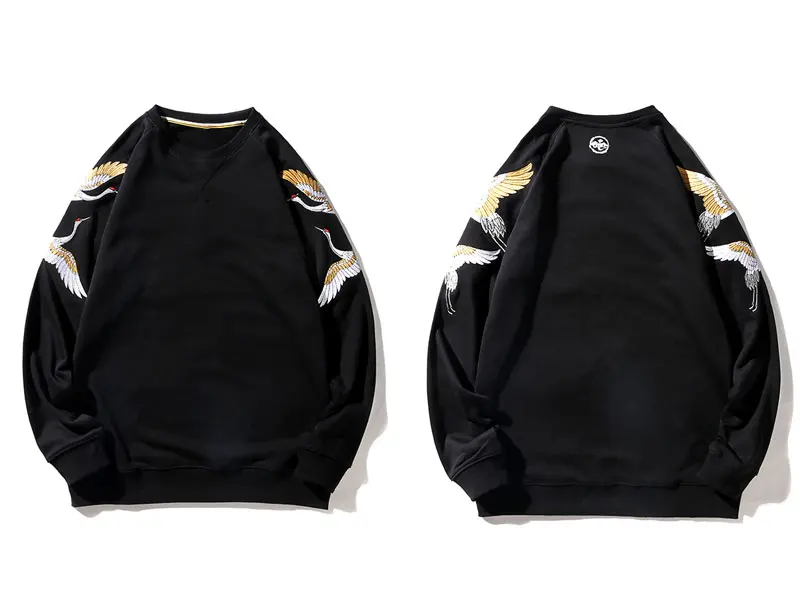 Sleeve Embroidery Crane Pullover Hoodies 1
