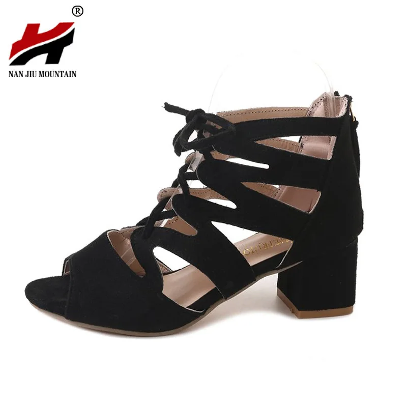 

2018 NAN JIU MOUNTAIN Shoes Woman Summer New Roman Sandals Thick With Back Zipper Suede Women's Shoes Large Size 35-43