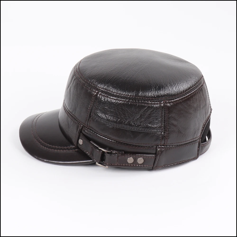 New Outdoor Men Real Sheepskin Leather Flat Caps Man Warm Real Natural Sheep Leather Military Hats Fall Winter Real Leather Hat