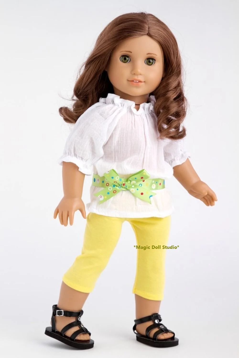 [AM190] солнечный день-одежда для 18-дюймовой американской девушки кукла, блузка, брюки и пояс, комплект, костюм для 1" американская девочка кукла одежда