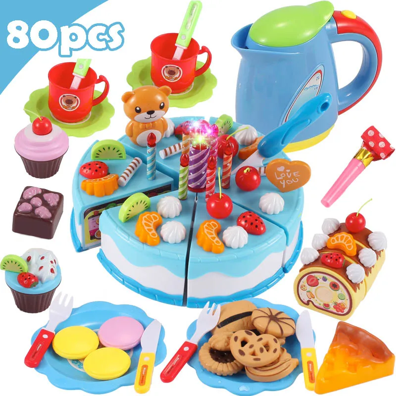 37-80Pcs DIY Pretend Play Fruit Cutting Birthday Cake Kitchen Food Toys Cocina De Juguete Toy Pink Blue Girls Gift for Children