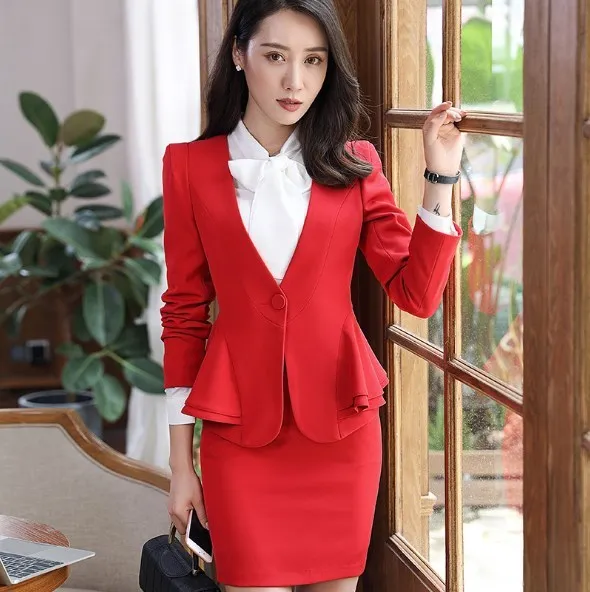 Women Formal Skirt Suit 2 Piece Work Blazer Sets Ladies Career Mini Skirts Suits Womens Top Jacket Skirt Black Red Beige 4XL