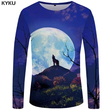 KYKU Wolf T shirt Men Long sleeve shirt Moon Rock Tree Cool Sky 3d T-shirt Animal Punk Funny T shirts Mens Clothing 2018 british style old tree and single wolf pattern t shirt for men m