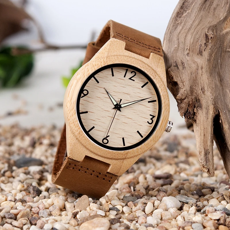 BOBO BIRD Men's Bamboo Watches With Leather Band Japan Movement Quartz Wristwatches Ideal Gifts C-A40 Accept DROP SHIPPING
