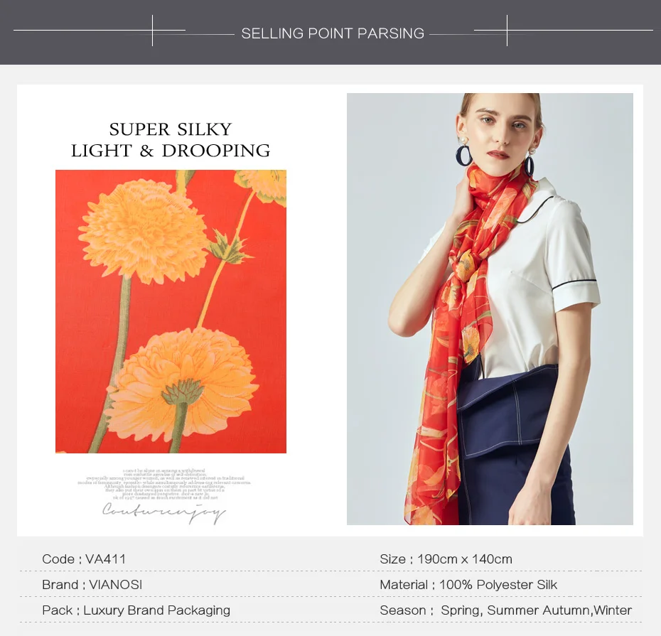 [VIANOSI] бренд шелковый шарф для женщин цветы Лето шаль обёрточная бумага Дизайнер Платки плюс размеры женский шейные шарфы Бандана