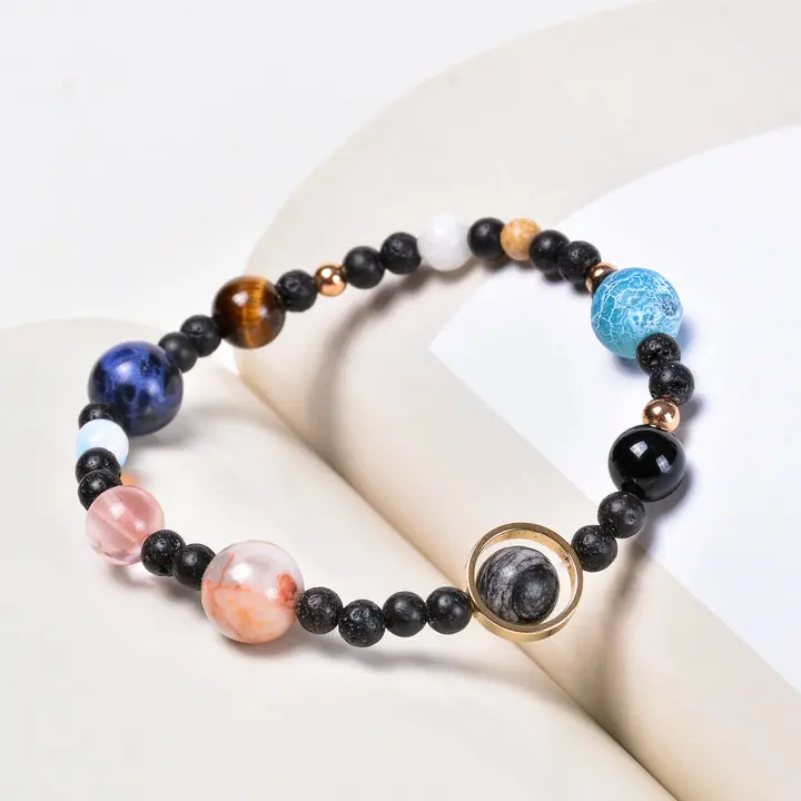 

BRIGHT MOON Fashion Univers Natural Stone Bracelet Adjustable Eight Planet Solar System Lucky Bracele Round Stone Bracelet Women