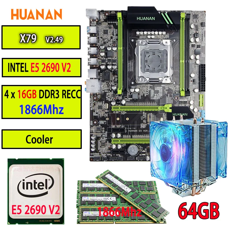 Huanan Zhi V2.49 X79 материнская плата LGA2011 блок питания ATX комбо кулер E5 2690 V2 SR1A5 4x16G 64 Гб 1866 МГц USB3.0 SATA3 PCI-E NVME M.2 SSD