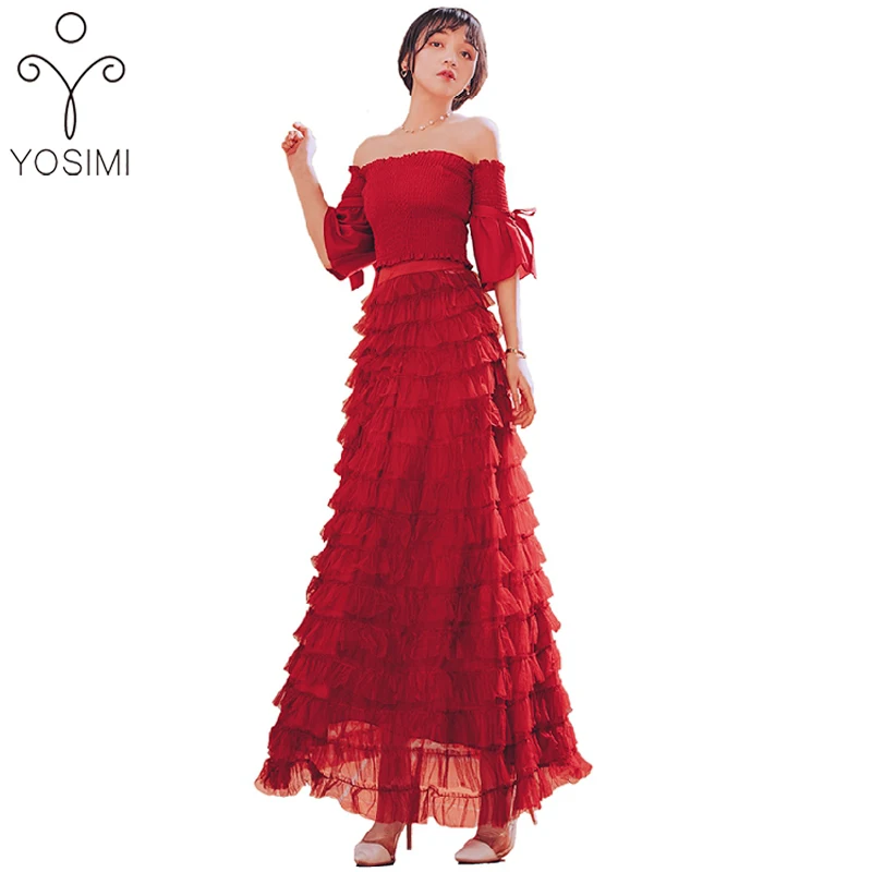 

Evening Party Dress 2019 Summer Long Dress Maxi Strapless Dress Tunic Red Floor-length Mesh Female 2 Pieces Set off The Shoulder