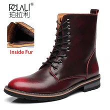 POLALI/Мужские ботинки в байкерском стиле; винтажные армейские ботинки; Новинка года; зимние ботинки на меху из воловьей кожи; водонепроницаемые военные ботинки с пряжкой; мужская обувь