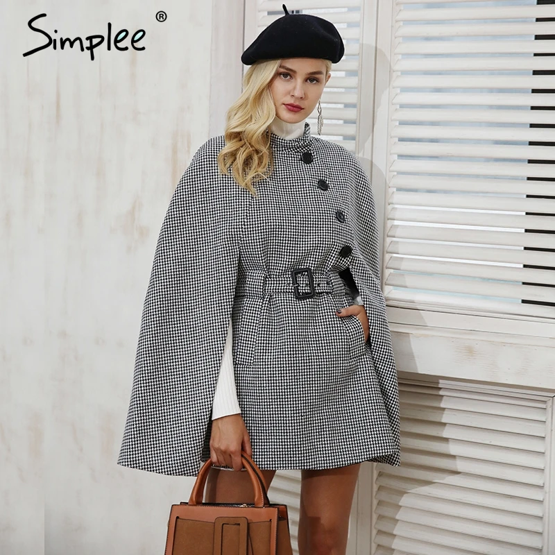 simplee лома клетку длинные рукава зима пла, пальто для женщин ремень 